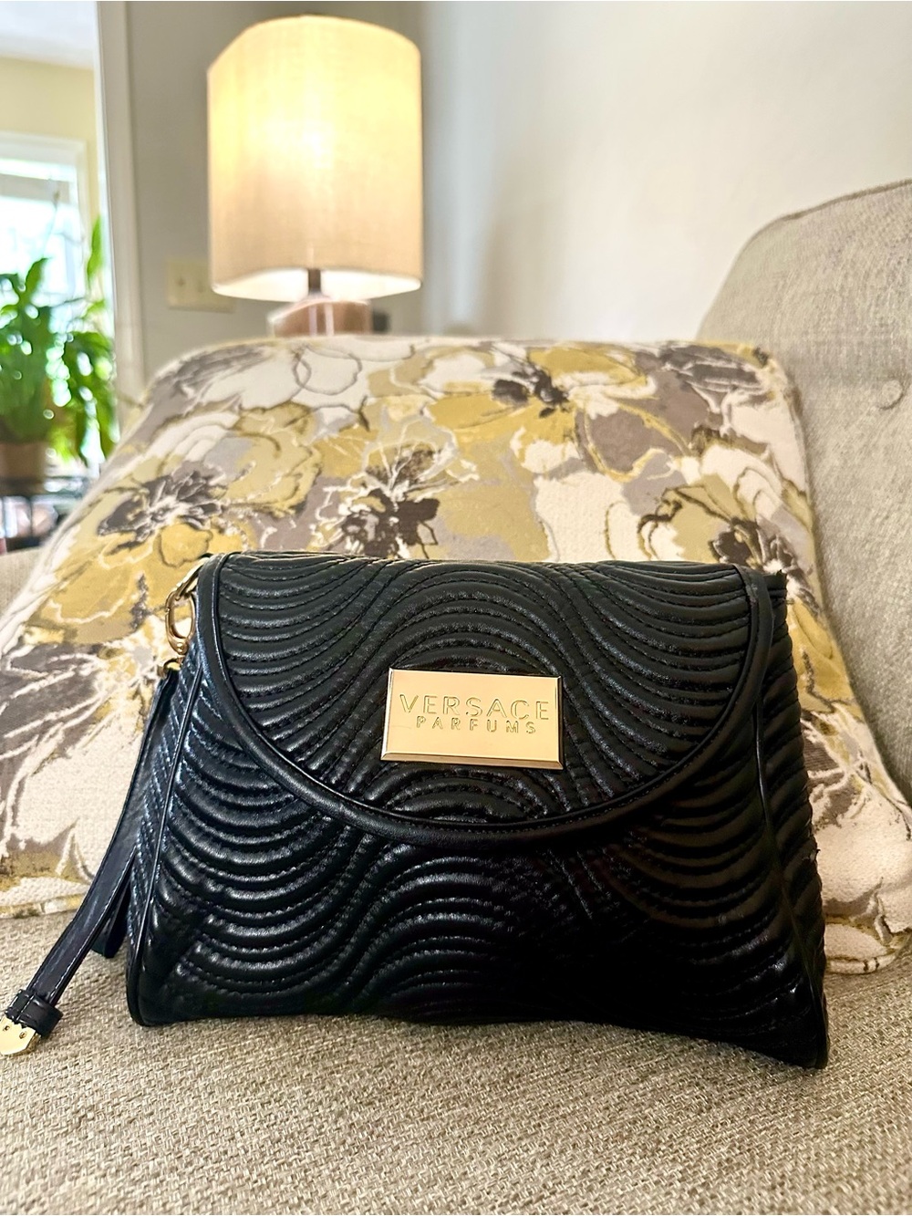 Versace Parfums Black Quilted Designer Wristlet Clutch Bag, Gold‎ Logo Plaque